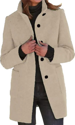 Long Pea Coats for Women Winter Stand Collar Single Breasted Wool Coats Wool Blend Peacoat Thicken Blazer Jacket