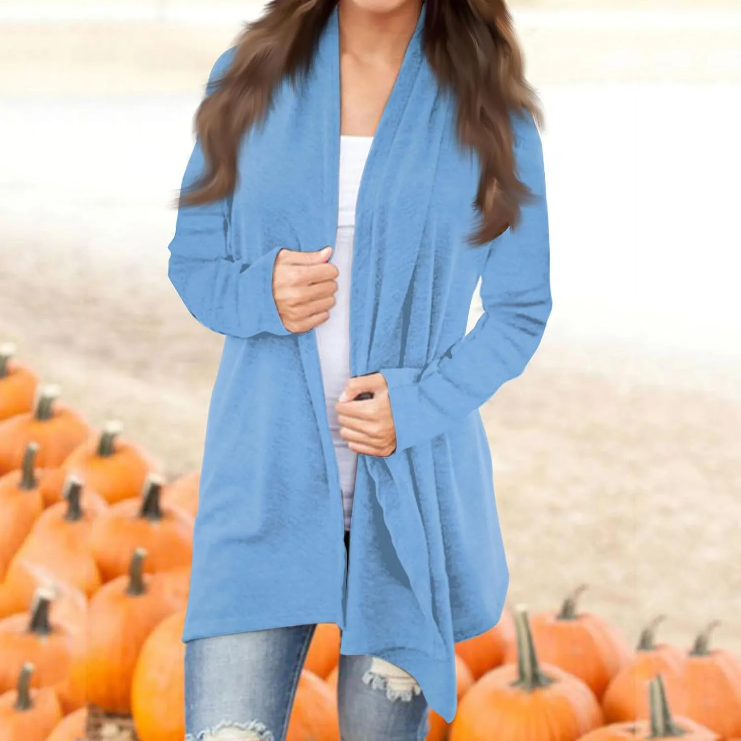 Long Sleeve Cardigan for Women Trendy Open Front Kimono Sweatshrits with Pockets Elastic Loose Fit Tunic Shirts