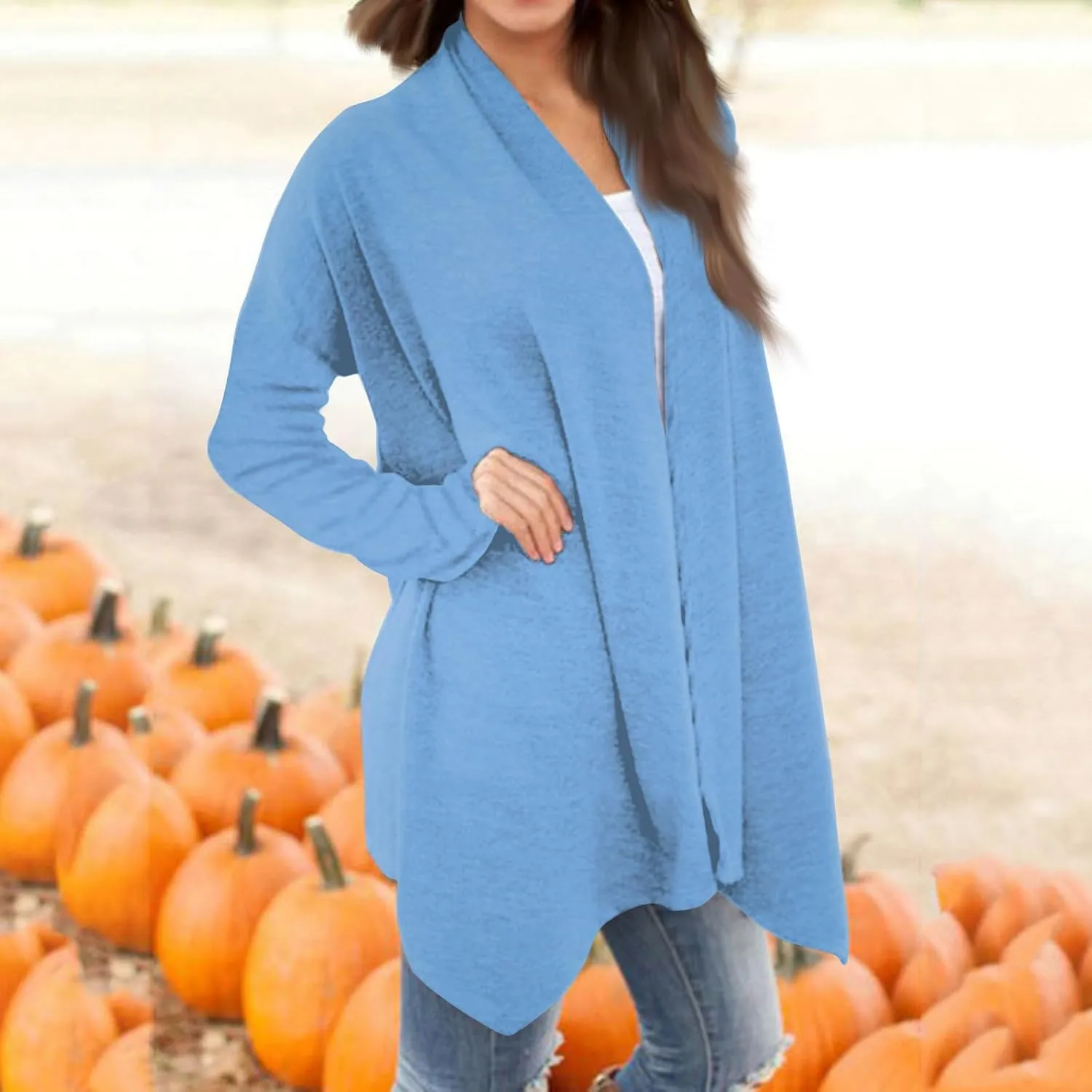Long Sleeve Cardigan for Women Trendy Open Front Kimono Sweatshrits with Pockets Elastic Loose Fit Tunic Shirts
