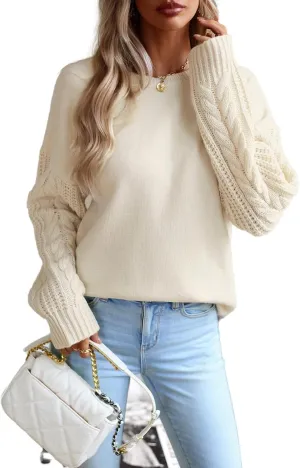 Long Sleeve Pullover Sweaters for Women,Cable Knit Crew Neck Casual Sweaters,Cable Knit Sweater Women