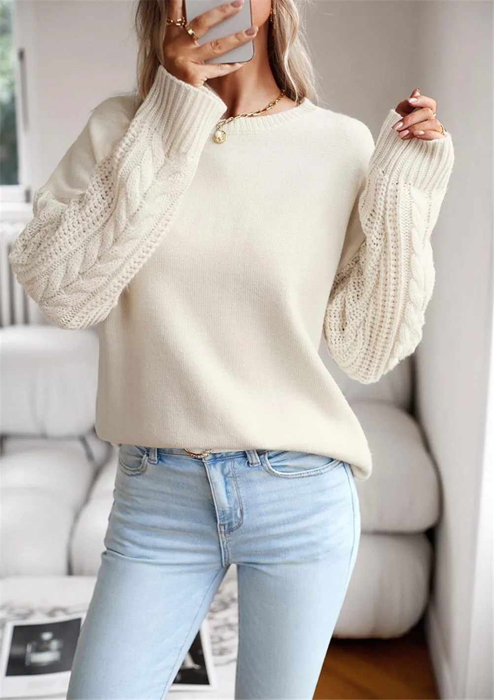 Long Sleeve Pullover Sweaters for Women,Cable Knit Crew Neck Casual Sweaters,Cable Knit Sweater Women