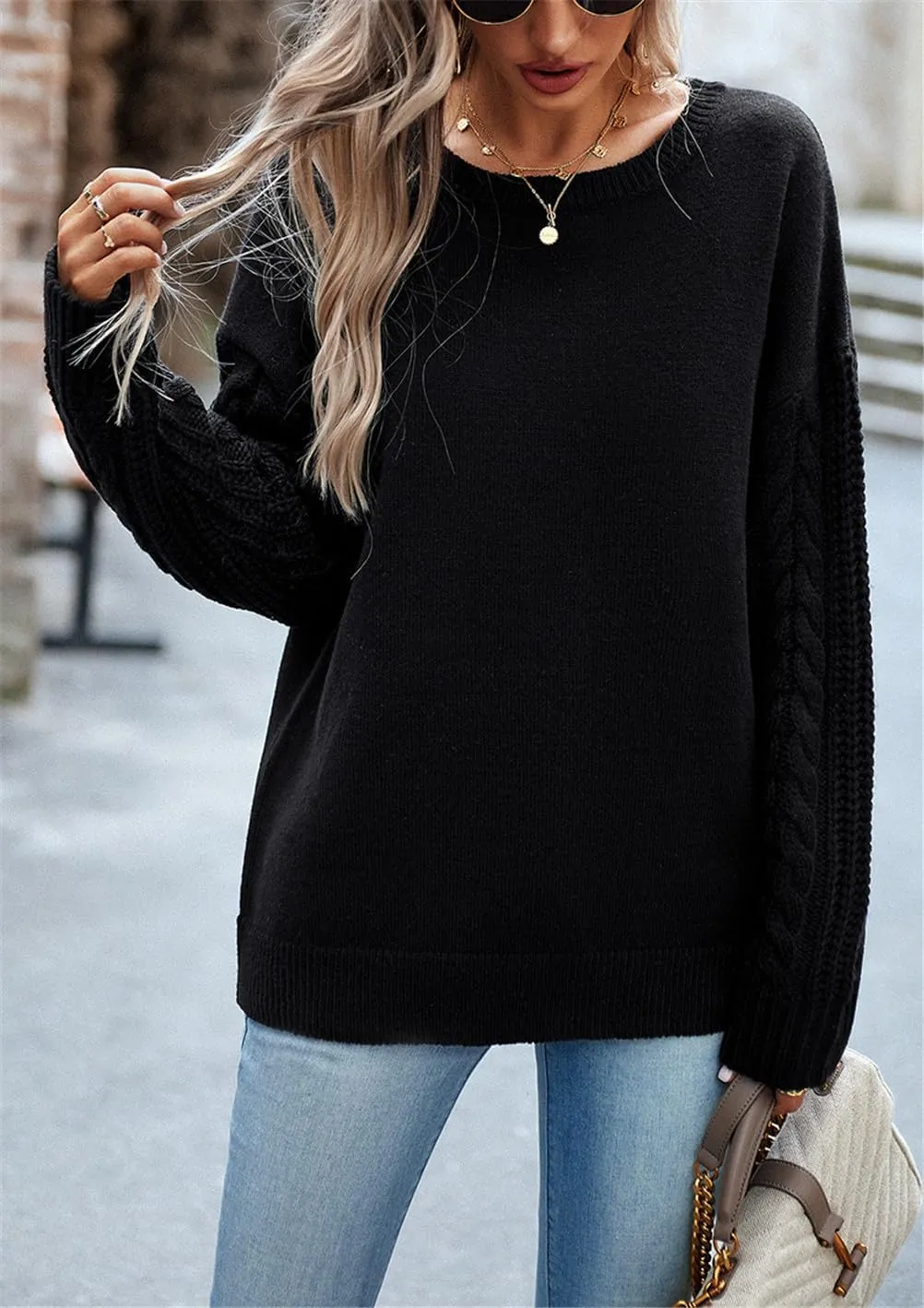 Long Sleeve Pullover Sweaters for Women,Cable Knit Crew Neck Casual Sweaters,Cable Knit Sweater Women