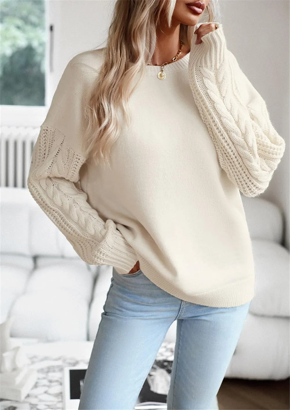 Long Sleeve Pullover Sweaters for Women,Cable Knit Crew Neck Casual Sweaters,Cable Knit Sweater Women