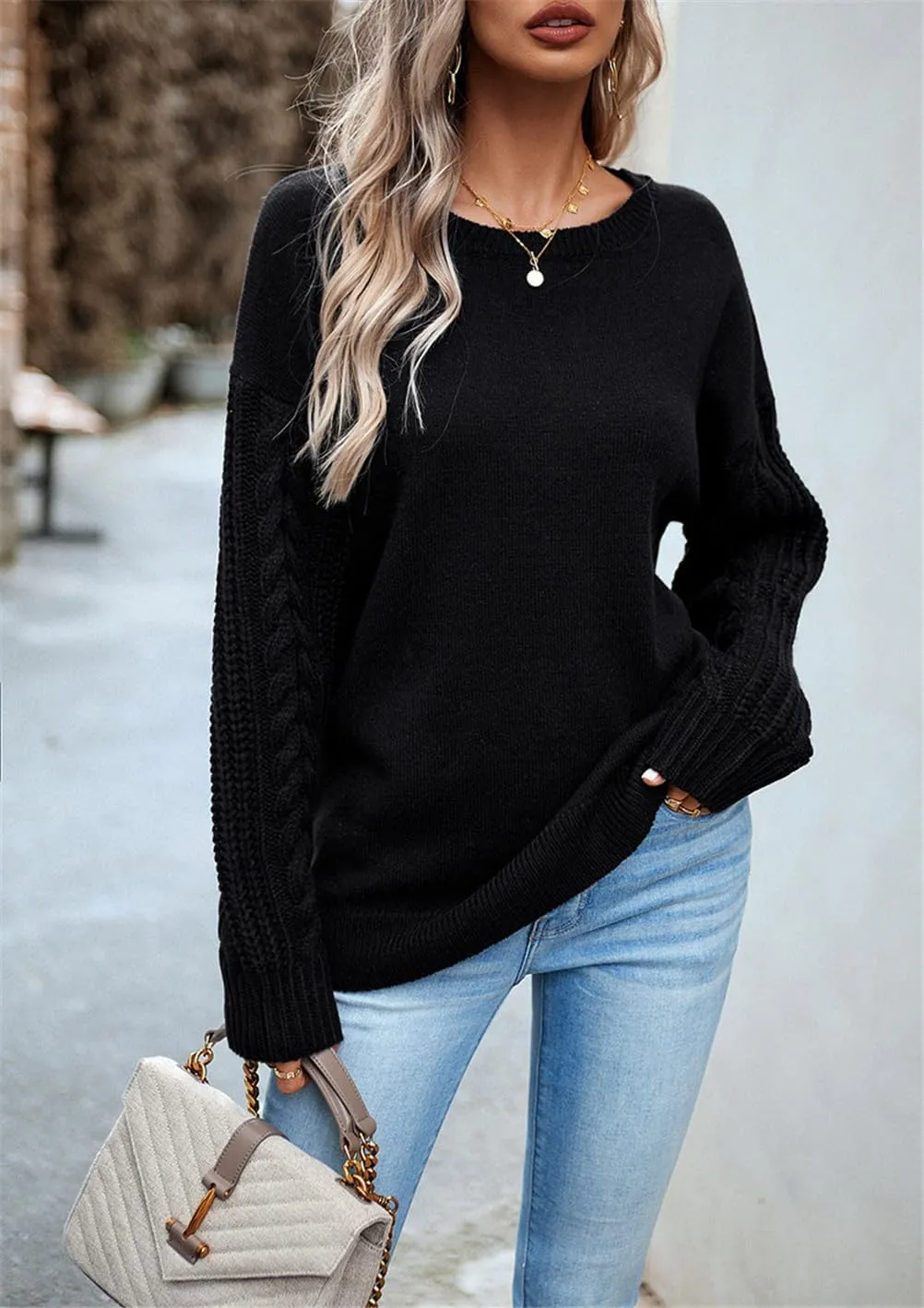 Long Sleeve Pullover Sweaters for Women,Cable Knit Crew Neck Casual Sweaters,Cable Knit Sweater Women