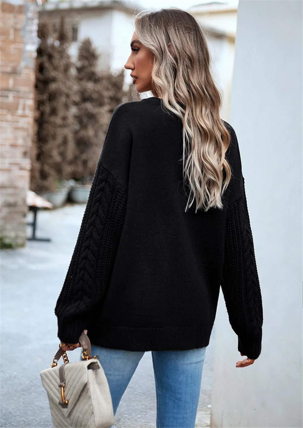 Long Sleeve Pullover Sweaters for Women,Cable Knit Crew Neck Casual Sweaters,Cable Knit Sweater Women