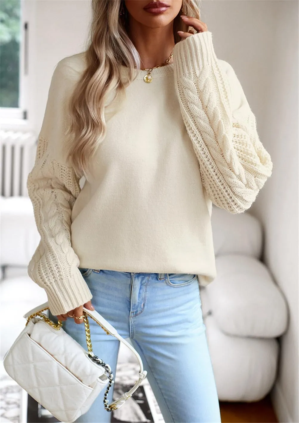 Long Sleeve Pullover Sweaters for Women,Cable Knit Crew Neck Casual Sweaters,Cable Knit Sweater Women