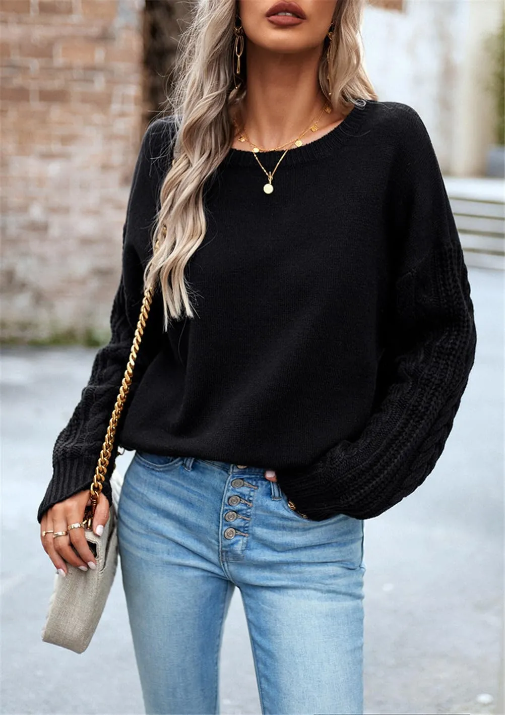 Long Sleeve Pullover Sweaters for Women,Cable Knit Crew Neck Casual Sweaters,Cable Knit Sweater Women