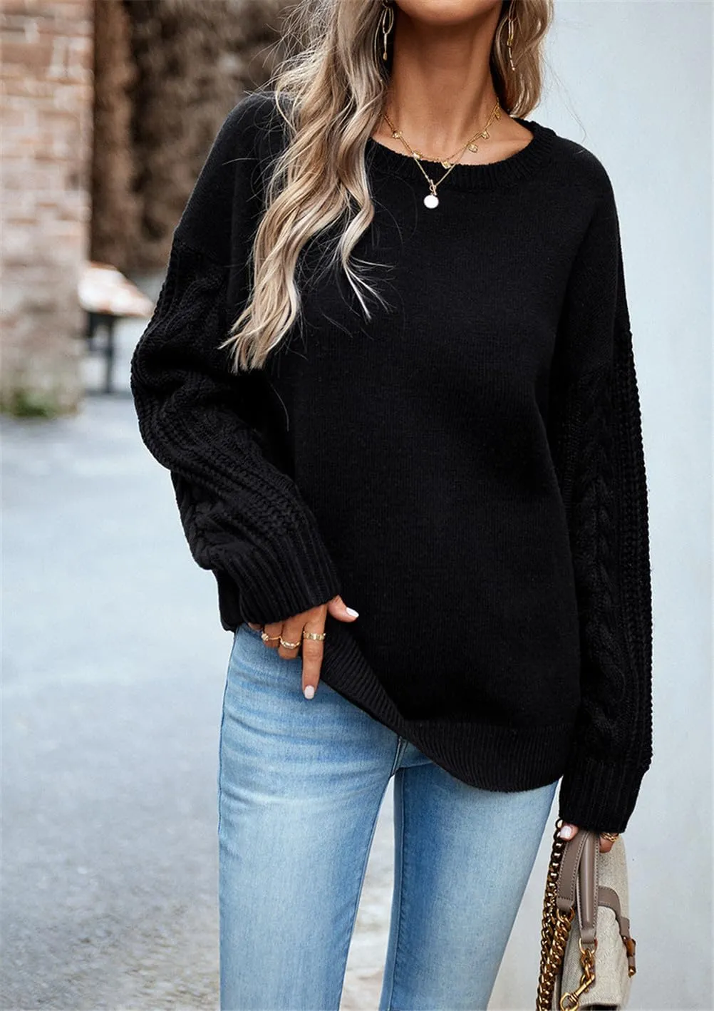 Long Sleeve Pullover Sweaters for Women,Cable Knit Crew Neck Casual Sweaters,Cable Knit Sweater Women
