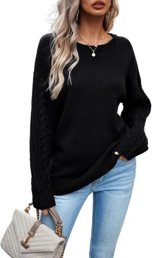 Long Sleeve Pullover Sweaters for Women,Cable Knit Crew Neck Casual Sweaters,Cable Knit Sweater Women