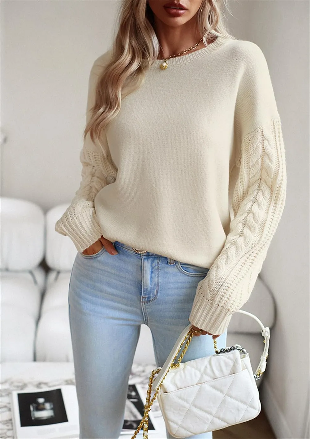Long Sleeve Pullover Sweaters for Women,Cable Knit Crew Neck Casual Sweaters,Cable Knit Sweater Women