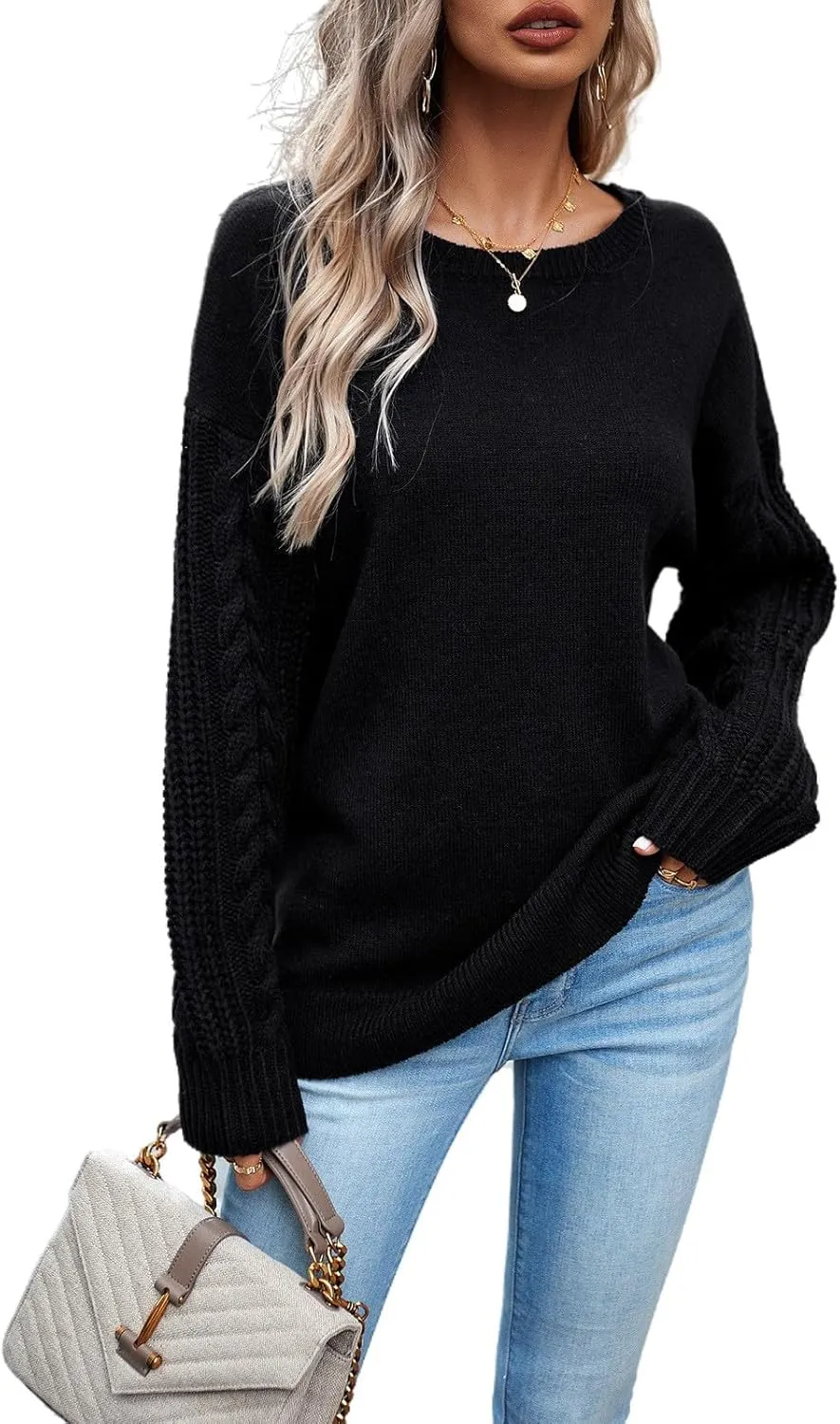 Long Sleeve Pullover Sweaters for Women,Cable Knit Crew Neck Casual Sweaters,Cable Knit Sweater Women