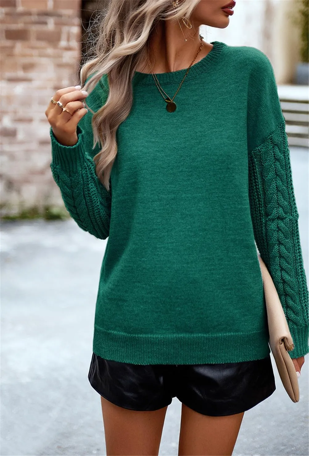 Long Sleeve Pullover Sweaters for Women,Cable Knit Crew Neck Casual Sweaters,Cable Knit Sweater Women