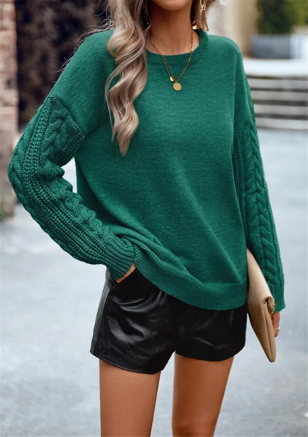Long Sleeve Pullover Sweaters for Women,Cable Knit Crew Neck Casual Sweaters,Cable Knit Sweater Women