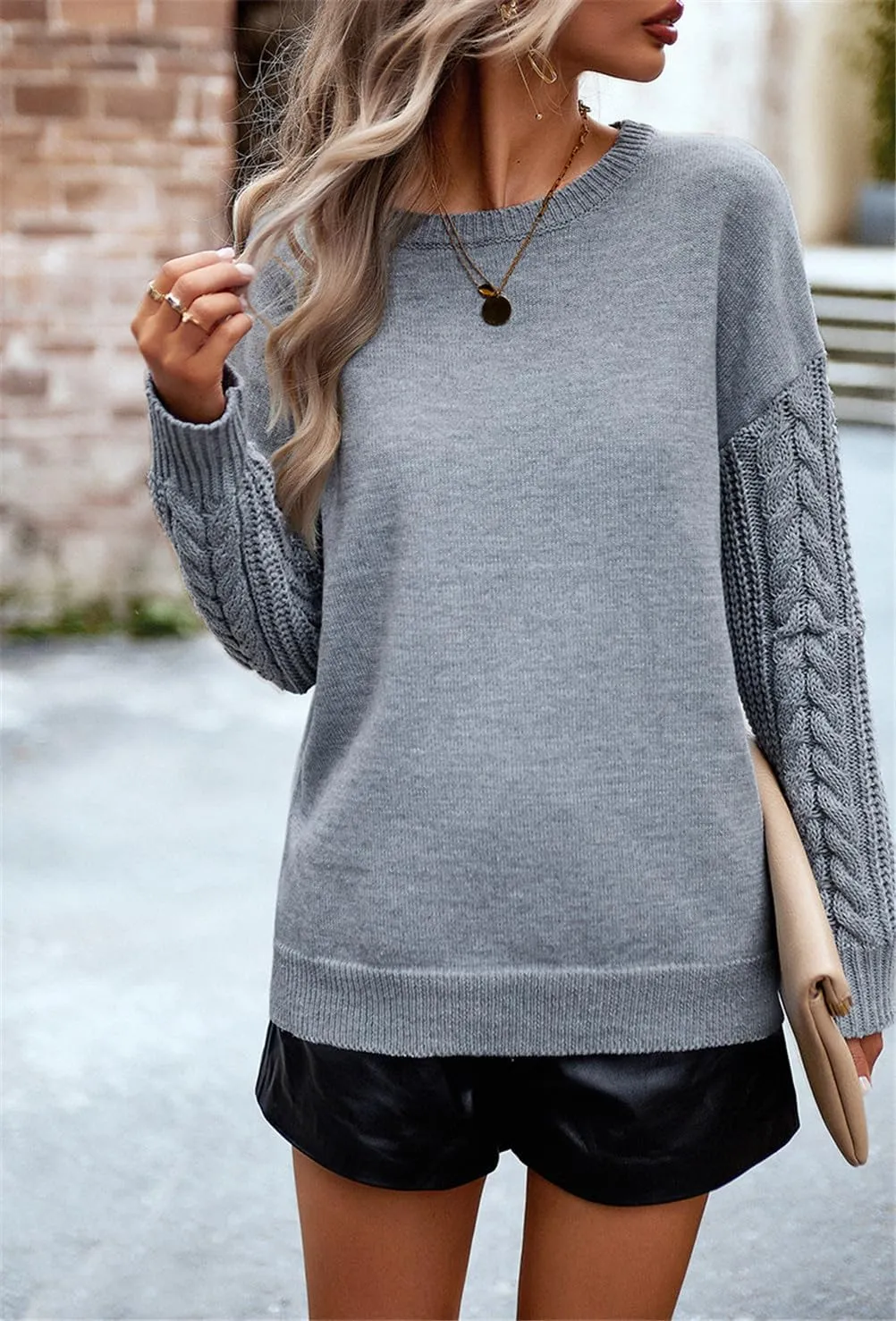 Long Sleeve Pullover Sweaters for Women,Cable Knit Crew Neck Casual Sweaters,Cable Knit Sweater Women