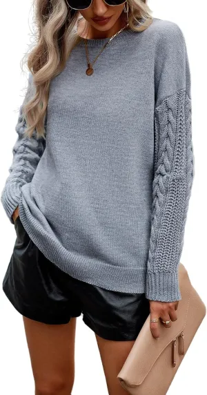 Long Sleeve Pullover Sweaters for Women,Cable Knit Crew Neck Casual Sweaters,Cable Knit Sweater Women