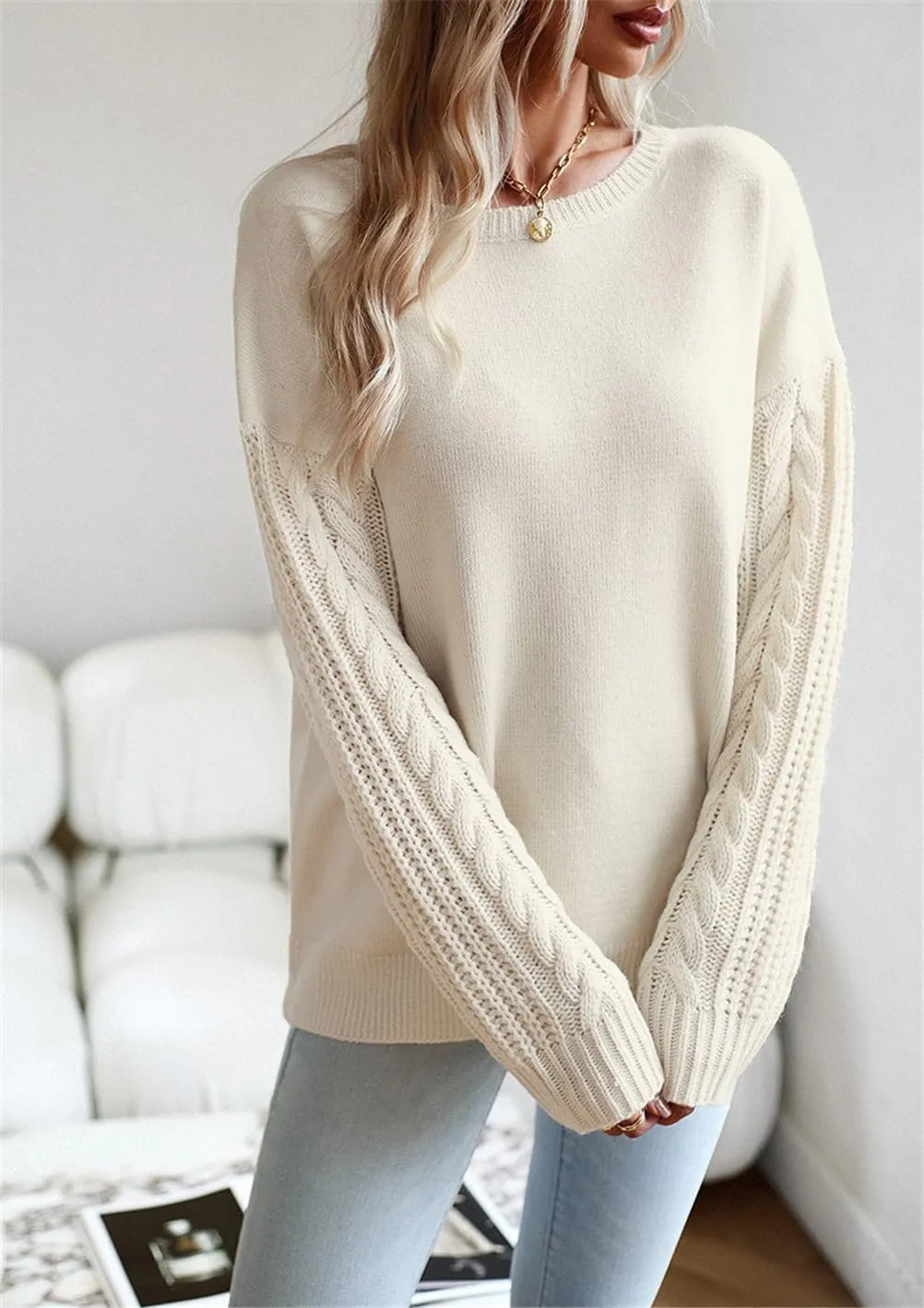 Long Sleeve Pullover Sweaters for Women,Cable Knit Crew Neck Casual Sweaters,Cable Knit Sweater Women