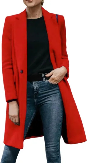 Long Trench Coat for Women Women's Casual Thicken Wool Blend Lapel Collar Single Breasted Pea Coat Fall Winter Fashion Loose Fit Trench Jackets Red X-Large