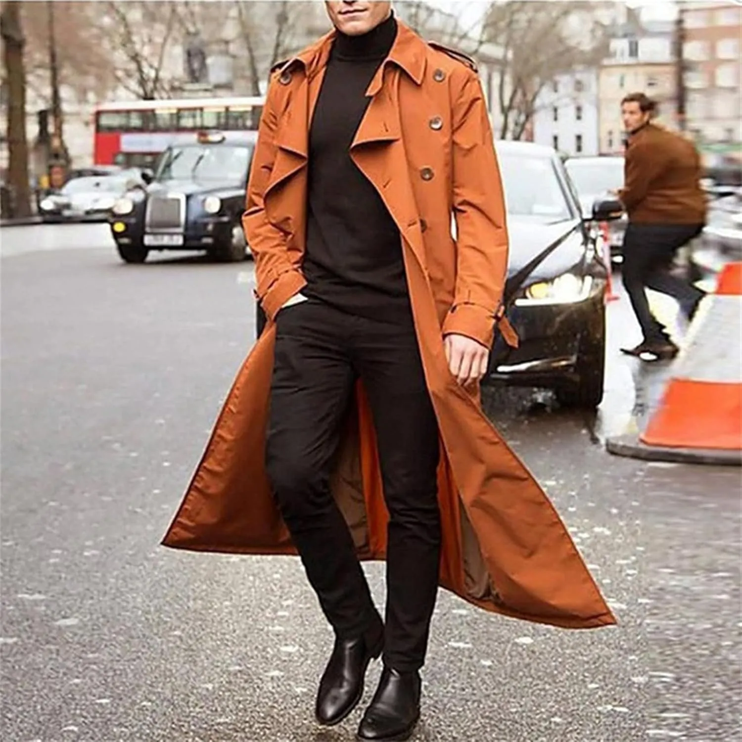 Long Trench Coat Men Big and Tall Casual Wool Coat Solid Color Lapel Woolen Coat Double Breasted Trench Coat
