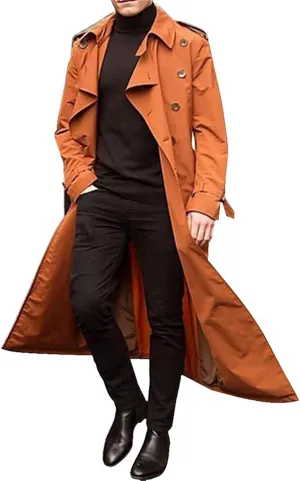 Long Trench Coat Men Big and Tall Casual Wool Coat Solid Color Lapel Woolen Coat Double Breasted Trench Coat