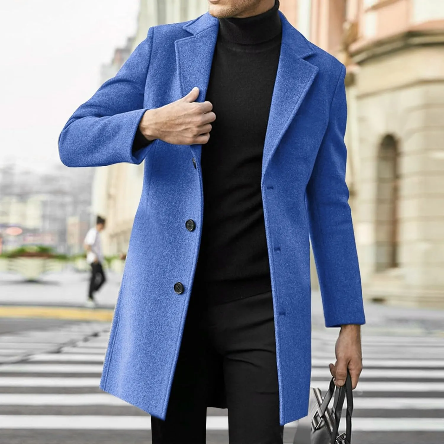 Long Trench Coat Men Single Breasted Wool Blend Coat Mid Length Pea Coat Notch Lapel Jacket Business Casual Overcoat