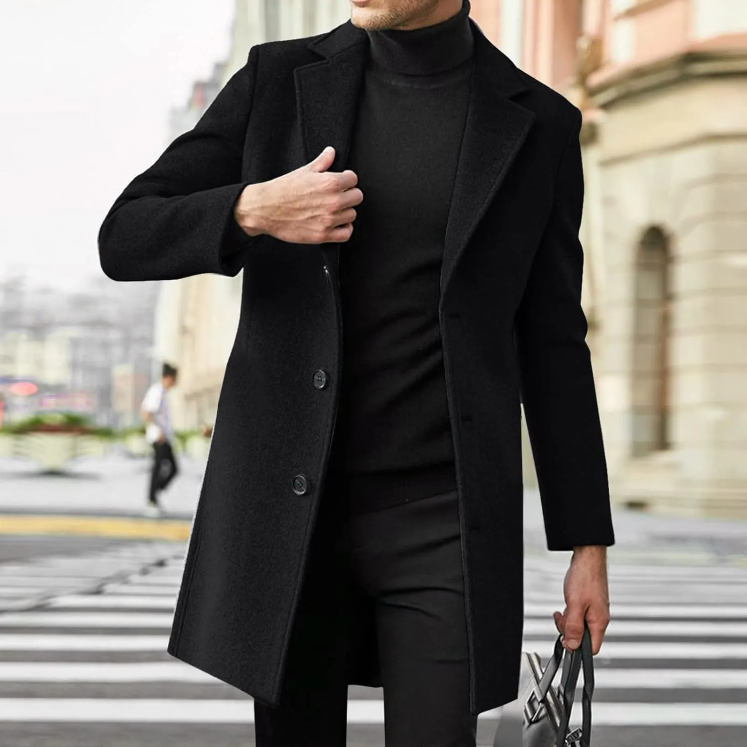 Long Trench Coat Men Single Breasted Wool Blend Coat Mid Length Pea Coat Notch Lapel Jacket Business Casual Overcoat