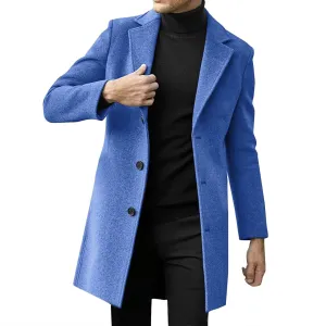 Long Trench Coat Men Single Breasted Wool Blend Coat Mid Length Pea Coat Notch Lapel Jacket Business Casual Overcoat