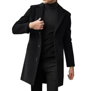 Long Trench Coat Men Single Breasted Wool Blend Coat Mid Length Pea Coat Notch Lapel Jacket Business Casual Overcoat