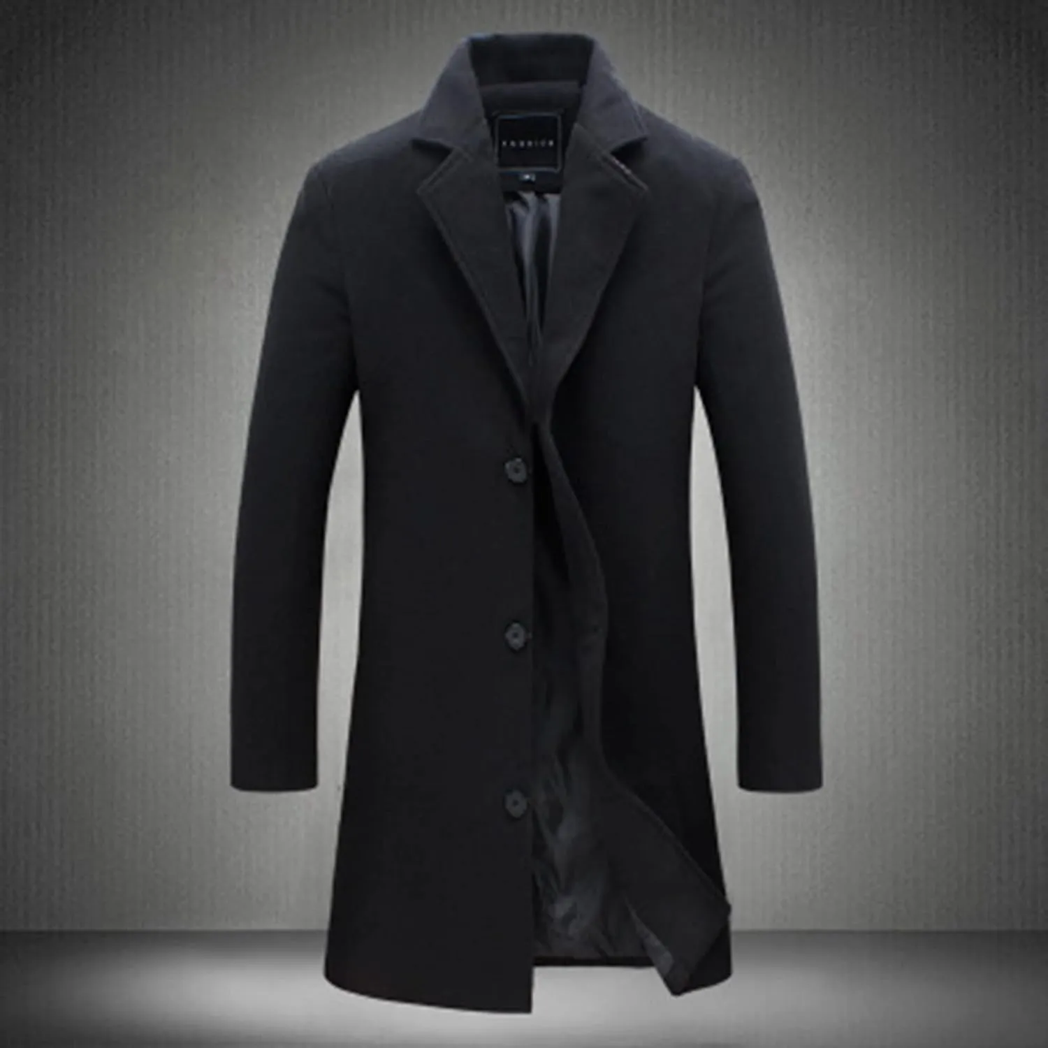 Long Trench Coat Men Single Breasted Wool Blend Coat Mid Length Pea Coat Notch Lapel Jacket Business Casual Overcoat