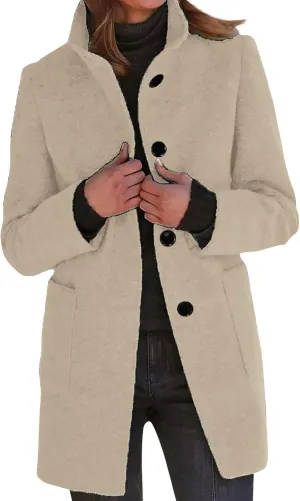 Long Winter Wool Coat for Women Dressy Stand Collar Single Breasted Blazer Jackets Winter Classic Wool Blend Pea Coat