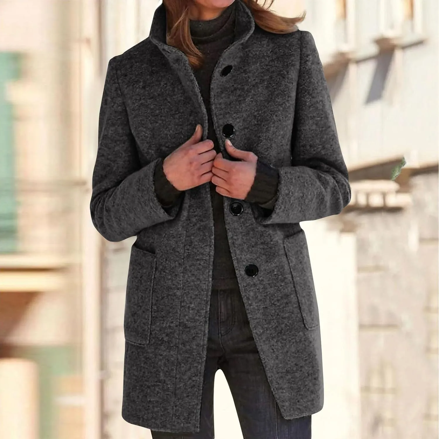 Long Winter Wool Coat for Women Dressy Stand Collar Single Breasted Blazer Jackets Winter Classic Wool Blend Pea Coat