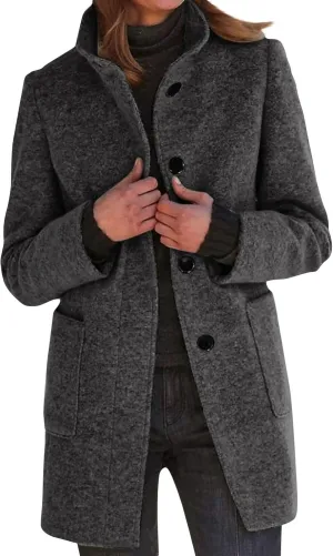 Long Winter Wool Coat for Women Dressy Stand Collar Single Breasted Blazer Jackets Winter Classic Wool Blend Pea Coat