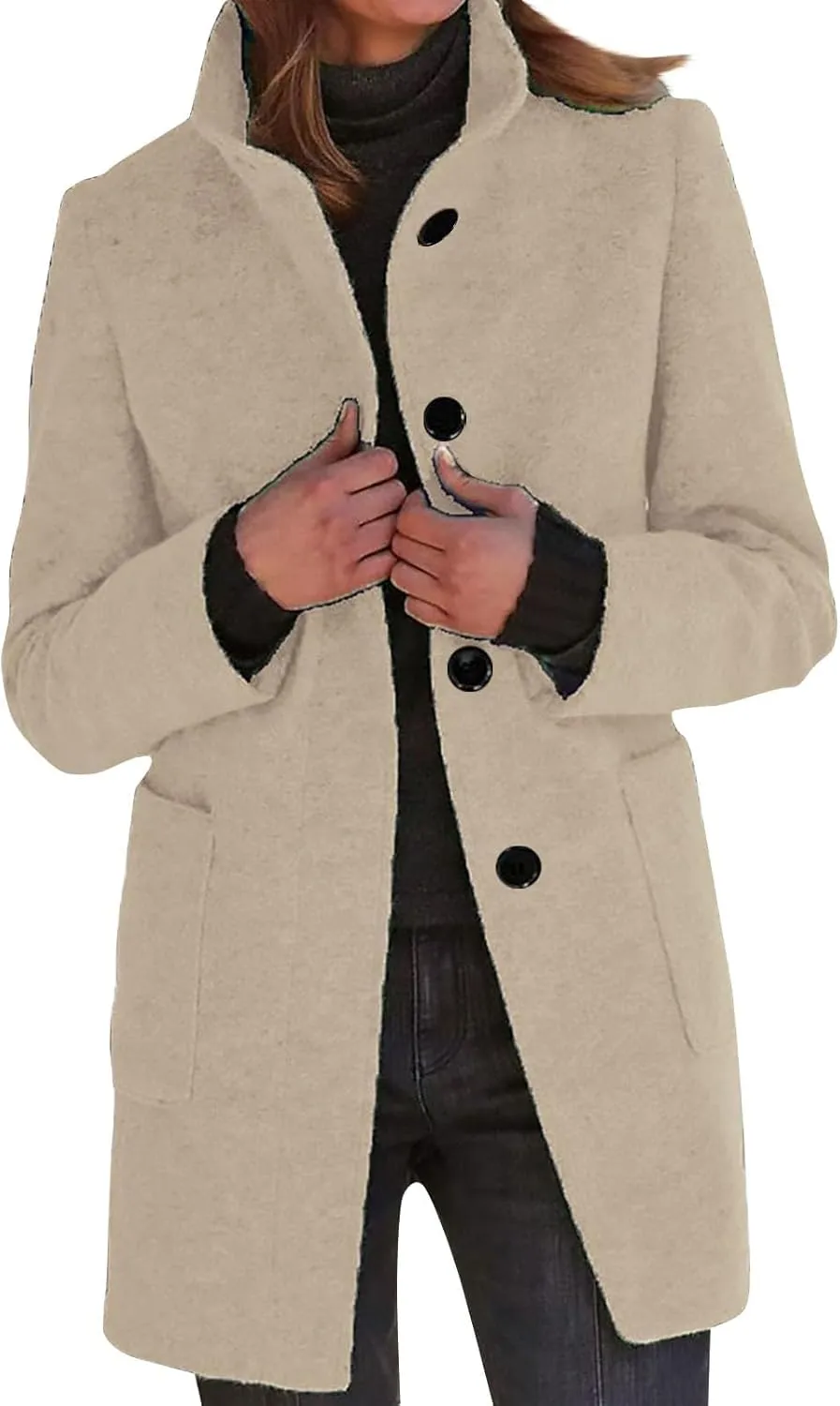 Long Winter Wool Coat for Women Dressy Stand Collar Single Breasted Blazer Jackets Winter Classic Wool Blend Pea Coat