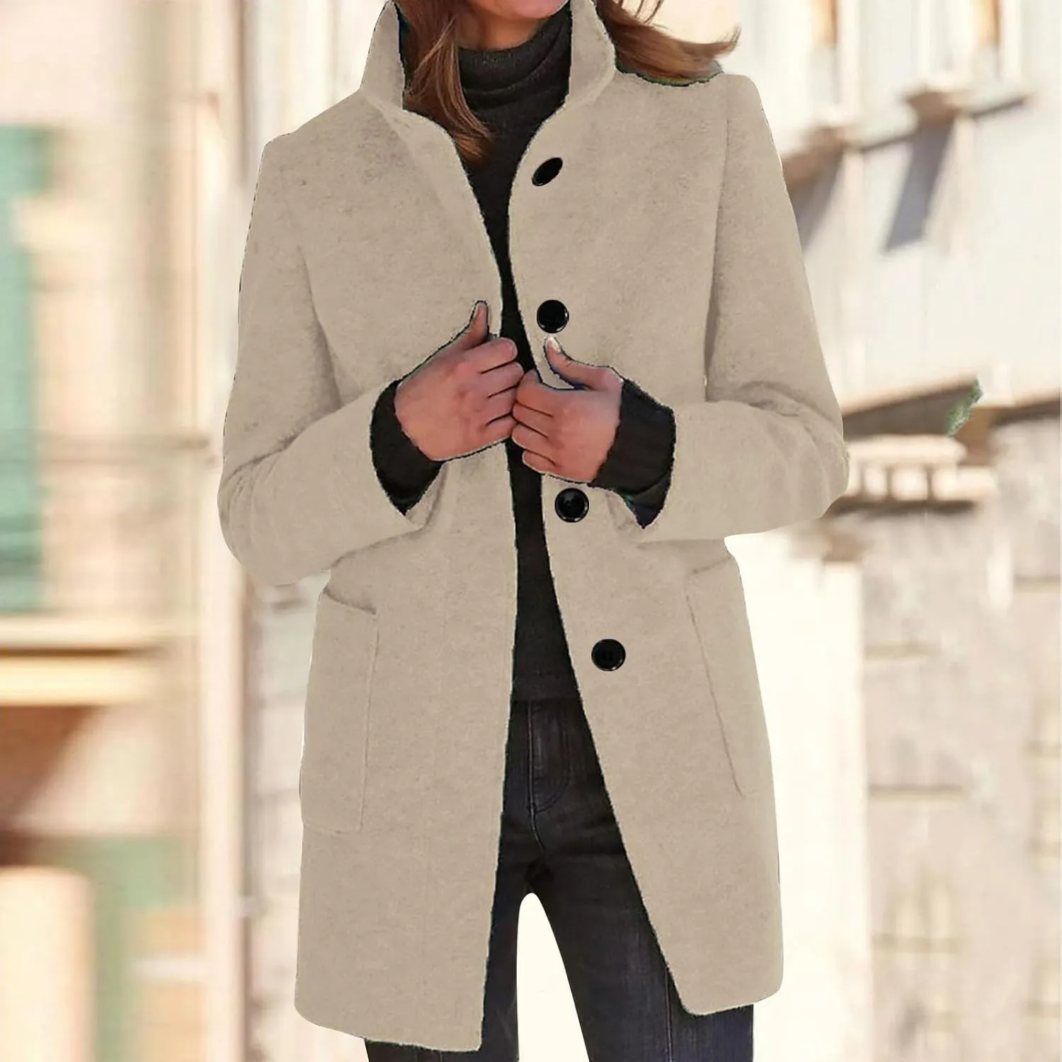 Long Winter Wool Coat for Women Dressy Stand Collar Single Breasted Blazer Jackets Winter Classic Wool Blend Pea Coat