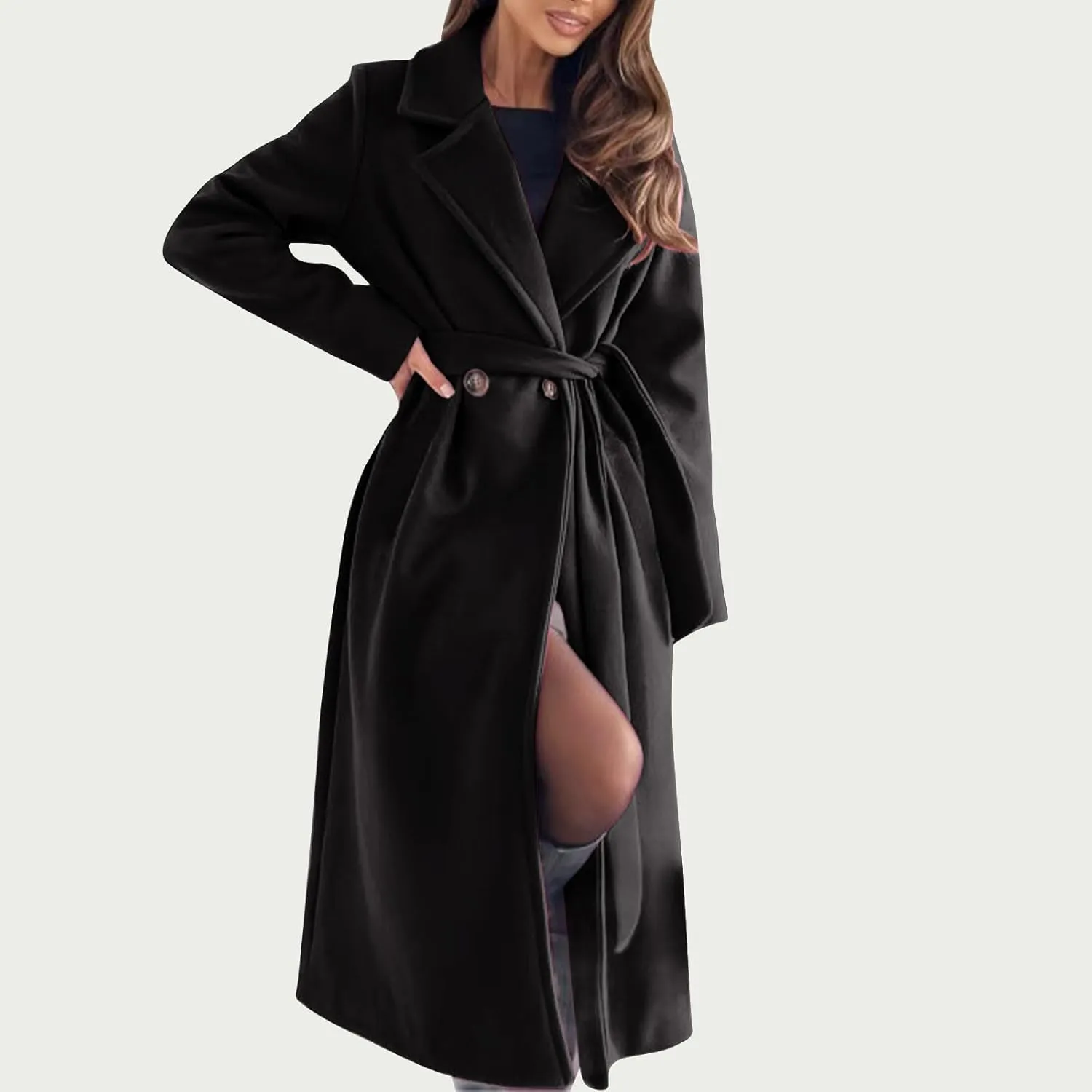 Long Wool Coat Women Winter Blend Long Overcoat Elegant Notched Lapel Collar Trench Coat Temperament Peacoat with Belt