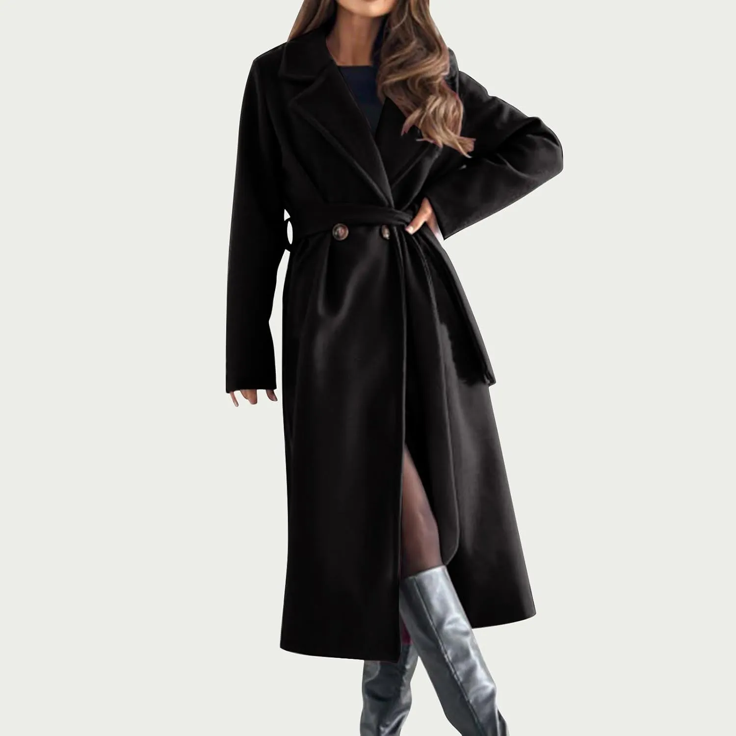 Long Wool Coat Women Winter Blend Long Overcoat Elegant Notched Lapel Collar Trench Coat Temperament Peacoat with Belt