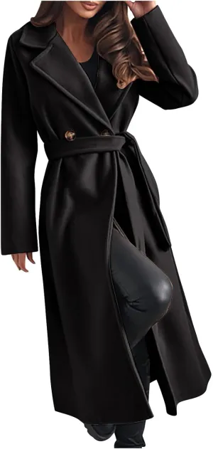 Long Wool Coat Women Winter Blend Long Overcoat Elegant Notched Lapel Collar Trench Coat Temperament Peacoat with Belt