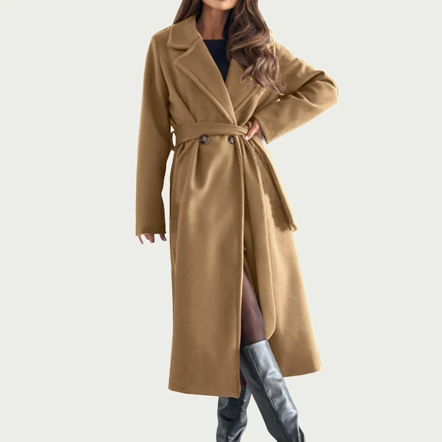 Long Wool Coat Women Winter Blend Long Overcoat Elegant Notched Lapel Collar Trench Coat Temperament Peacoat with Belt