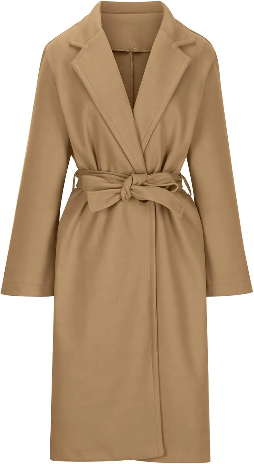Long Wool Coat Women Winter Blend Long Overcoat Elegant Notched Lapel Collar Trench Coat Temperament Peacoat with Belt