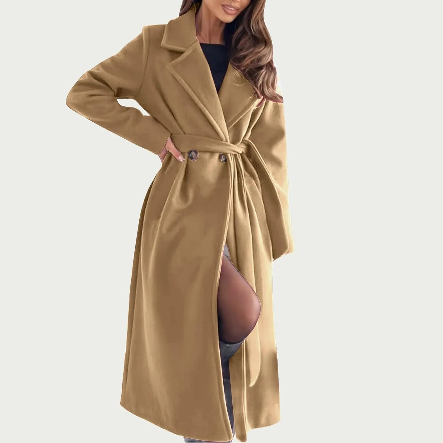 Long Wool Coat Women Winter Blend Long Overcoat Elegant Notched Lapel Collar Trench Coat Temperament Peacoat with Belt