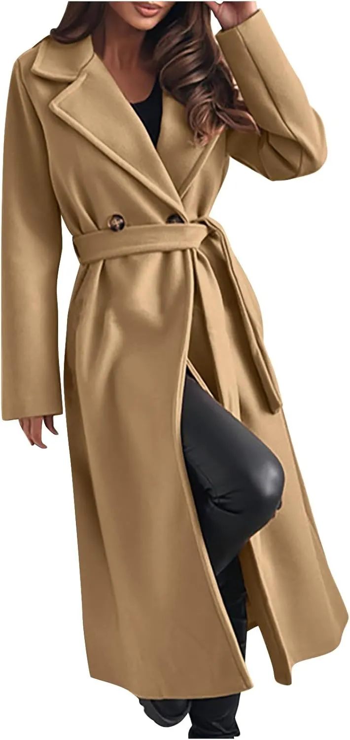Long Wool Coat Women Winter Blend Long Overcoat Elegant Notched Lapel Collar Trench Coat Temperament Peacoat with Belt