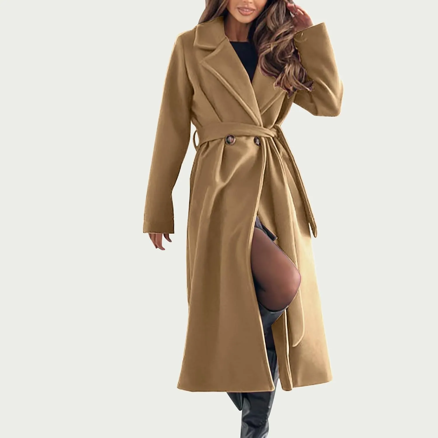 Long Wool Coat Women Winter Blend Long Overcoat Elegant Notched Lapel Collar Trench Coat Temperament Peacoat with Belt