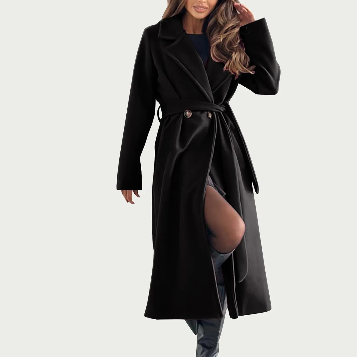 Long Wool Coat Women Winter Blend Long Overcoat Elegant Notched Lapel Collar Trench Coat Temperament Peacoat with Belt
