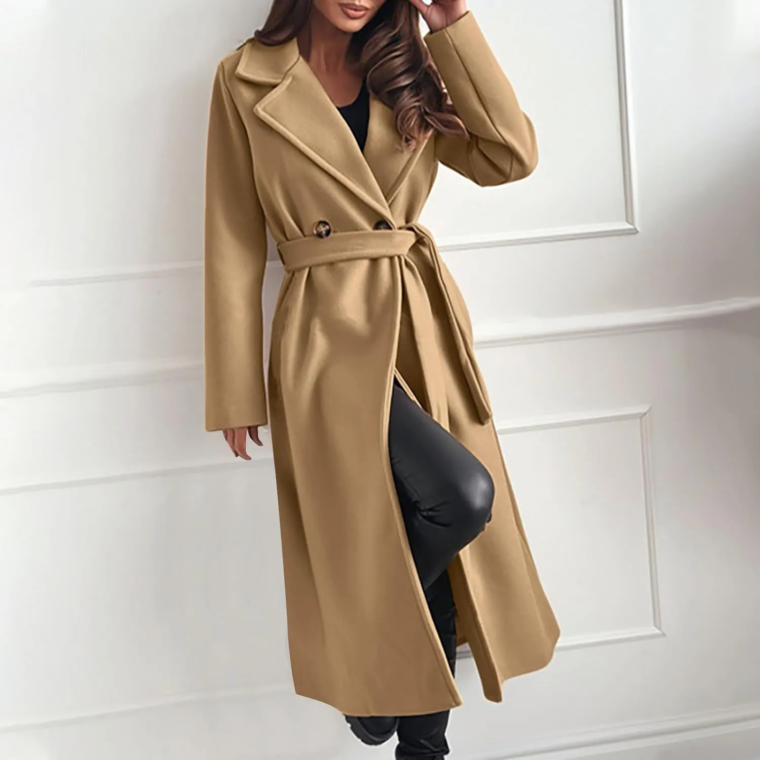 Long Wool Coat Women Winter Blend Long Overcoat Elegant Notched Lapel Collar Trench Coat Temperament Peacoat with Belt