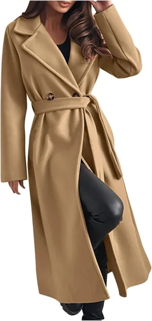 Long Wool Coat Women Winter Blend Long Overcoat Elegant Notched Lapel Collar Trench Coat Temperament Peacoat with Belt