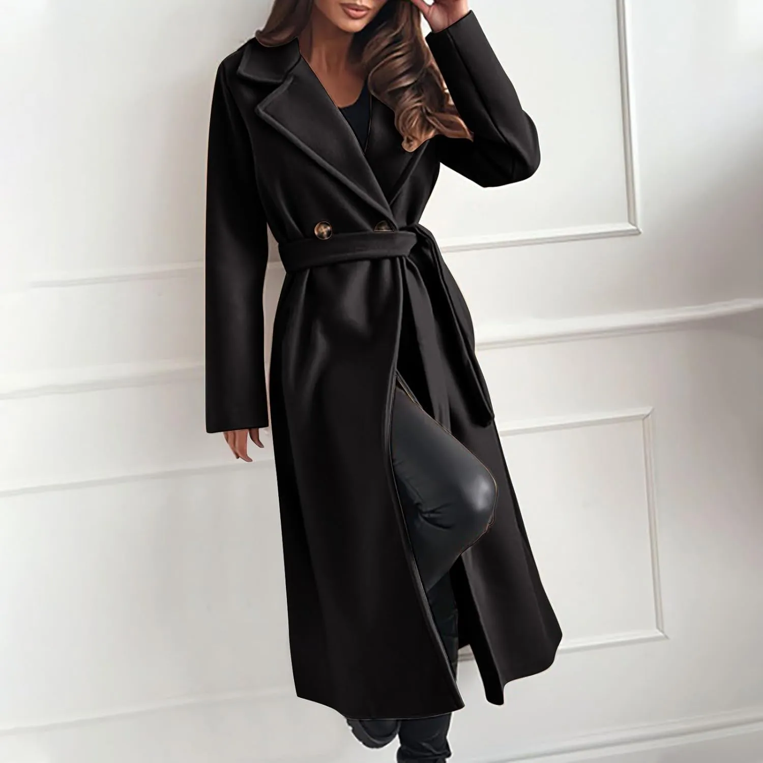 Long Wool Coat Women Winter Blend Long Overcoat Elegant Notched Lapel Collar Trench Coat Temperament Peacoat with Belt