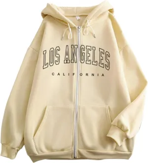 Los Angeles California - Vintage Lightweight Hoodies for Women Full Zip Up Long Sleeve Hooded Sweatshirt Coat Tunic
