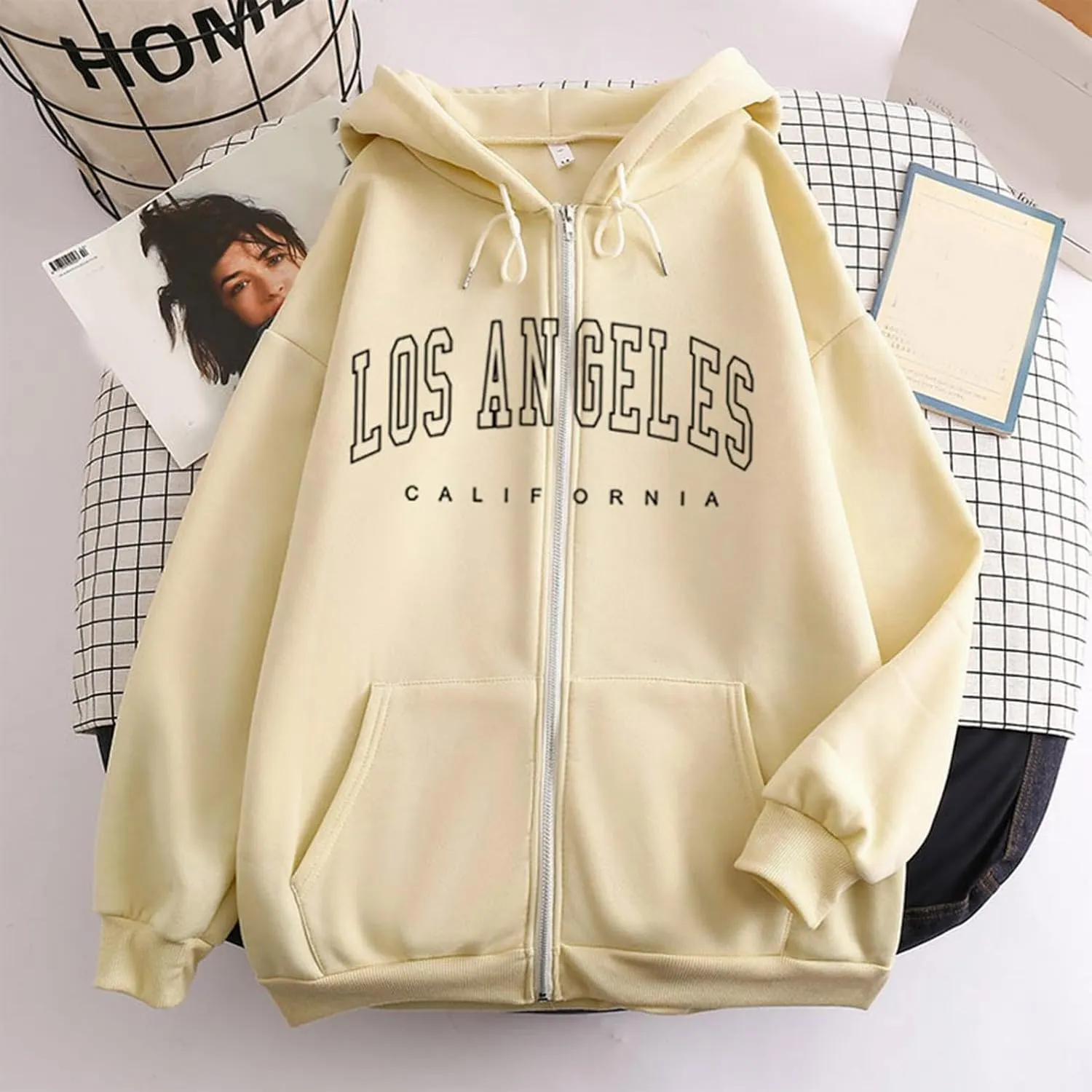 Los Angeles California - Vintage Lightweight Hoodies for Women Full Zip Up Long Sleeve Hooded Sweatshirt Coat Tunic
