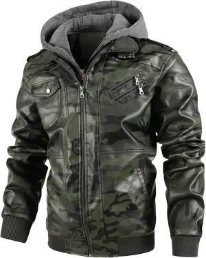 Men Faux Leather Jacket Casual Stand Collar PU Faux Leather Vintage Motorcycle Bomber Jackets Winter Hooded Biker Coat