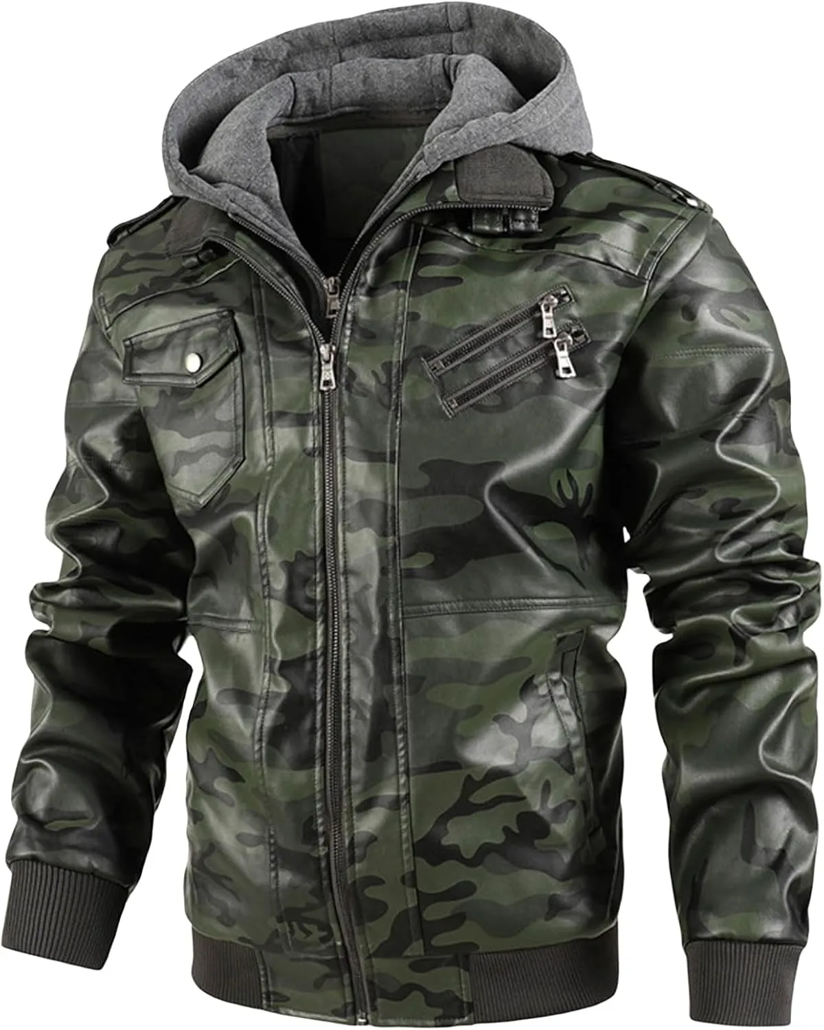 Men Faux Leather Jacket Casual Stand Collar PU Faux Leather Vintage Motorcycle Bomber Jackets Winter Hooded Biker Coat
