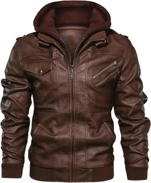 Men Faux Leather Jacket Casual Stand Collar PU Faux Leather Vintage Motorcycle Bomber Jackets Winter Hooded Biker Coat